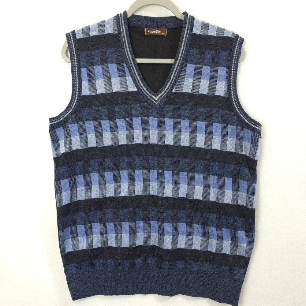 Fuzion Men's XL Blue Plaid Sweater Vest V-Neck Grandpacore Preppy Academia